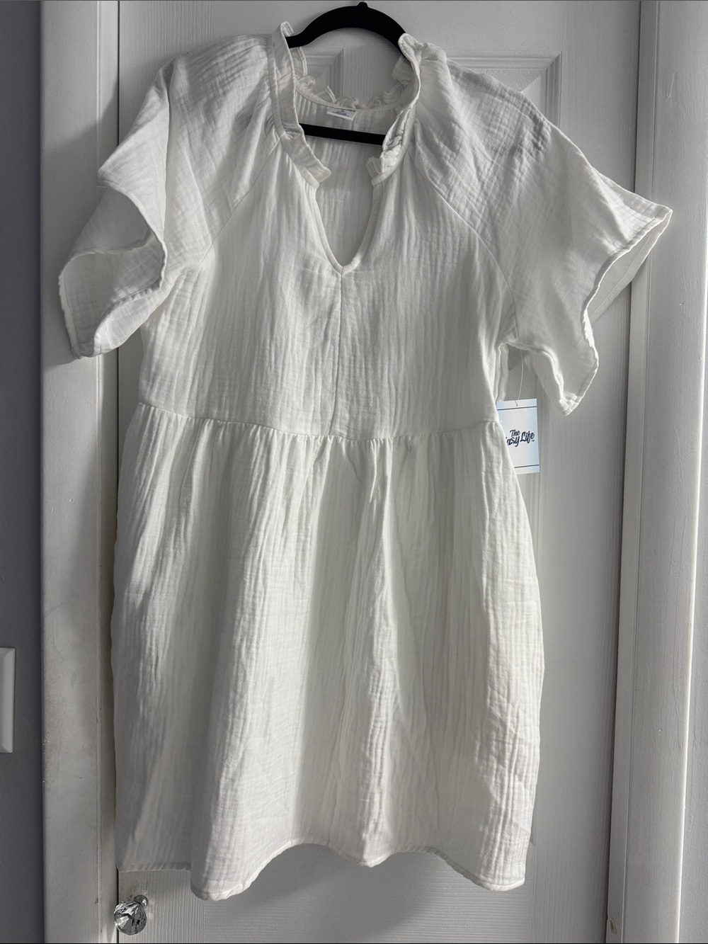 White Beach Ruffled Neck Cotton Coverup Dress with pockets
